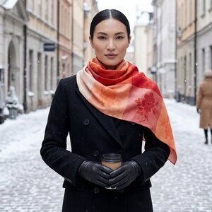 Orange 100% Cashmere Square Scarf with 9 tile Floral Patterns